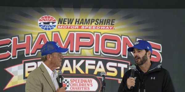 Seven-time NASCAR Cup Series champion Jimmie Johnson speaks to fans during the July 14 SCC Champions Breakfast, which benefits the Children's Hospital at Dartmouth-Hitchcock.