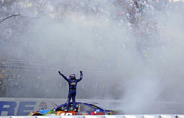 Kyle Busch does a burnout after winning Sunday's ISM Connect 300 Monster Energy NASCAR Cup Series race.