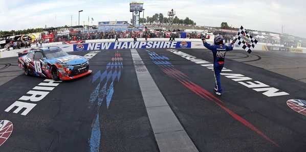 Kyle Busch celebrates his win in Saturday's AutoLotto 200 XFINITY Series race at New Hampshire Motor Speedway.