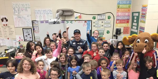 Brennan Poole visited Woodland Heights Elementary School on Tuesday. The Laconia, N.H., school was the winner of NHMS' inaugural Speeding to Read program.