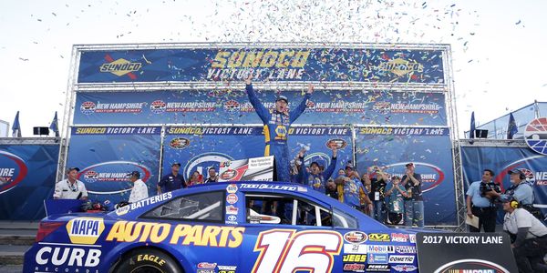 Todd Gilliland celebrates his first NHMS win in Saturday's United Site Services K&N Pro Series East race.