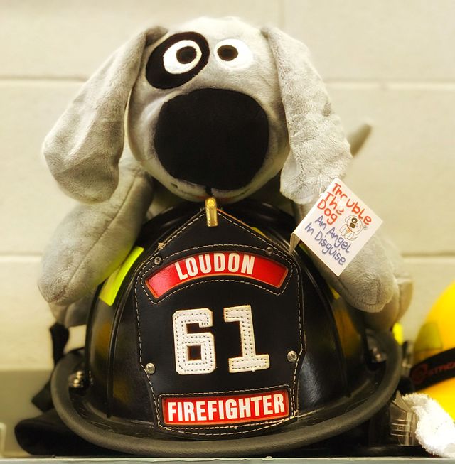 Trouble the Dog sits on a helmet at the Loudon Fire Department.