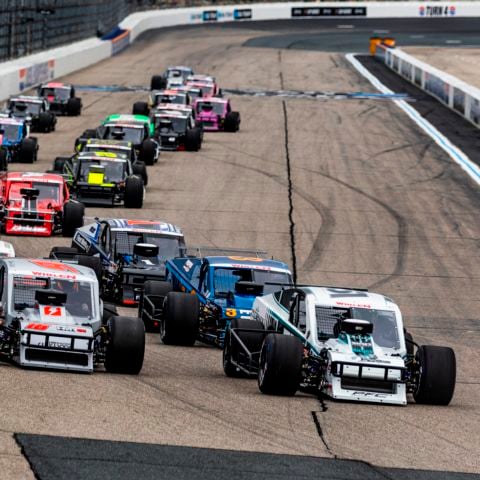 Then three-time NASCAR Whelen Modified Tour champion Justin Bonsignore leads the field into turn one at New Hampshire Motor Speedway on June 22, 2024 on his way to back-to-back Mohegan Sun 100 victories in pursuit of his fourth championship, which he earned later that season.