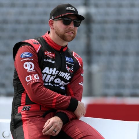 Cole Butcher, NASCAR CRAFTSMAN Truck Series driver of the No. 13 ThorSport Racing Ford, watches practice at North Wilkesboro Speedway on July 17.