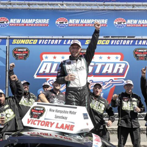 Justin Bonsignore celebrating in victory lane at New Hampshire Motor Speedway after winning the All Star Shootout on July 20, 2018.