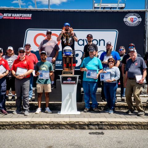 Timmy G (center) of The Wicked Fast Podcast out of Boston, Mass. earned the win in 2023’s sixth annual Media Racing Challenge at New Hampshire Motor Speedway. Billy Thomas (left of center) of Rivalry Family Media out of Leominster, Mass. took second and Kyle Belcher (right of center) of The Loose is Fast Podcast out of Providence, R.I. took third.