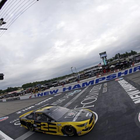 Brad Keselowski crossing the Granite Stripe at New Hampshire Motor Speedway as he took the checkered flag for the NASCAR Cup Series Foxwoods Resort Casino 301 on Aug. 2, 2020 for his second win at “The Magic Mile.”