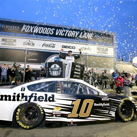 Aric Almirola celebrates not only winning New Hampshire Motor Speedway's 50th NASCAR Cup Series race, the Foxwoods Resort Casino 301, but also his first win of the 2021 season, which locked him in to the playoffs on Sunday.