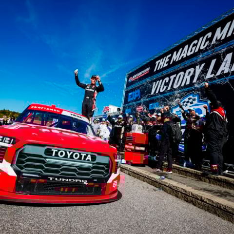Corey Heim celebrates his ninth win of the season after a championship-caliber performance at the Team EJP 175 at New Hampshire Motor Speedway on Saturday.