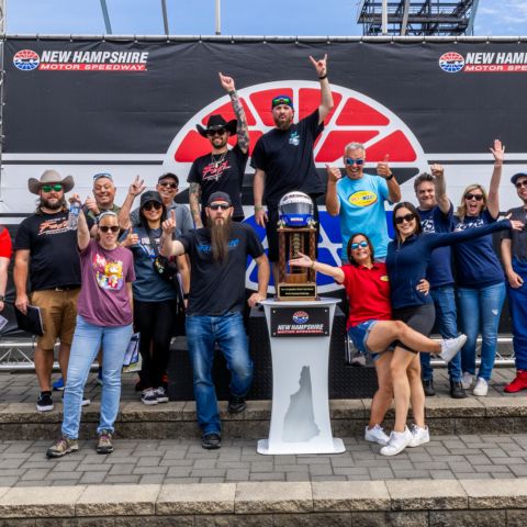 Timmy G (center) of The Wicked Fast Podcast out of Boston, Mass. earned his third Media Racing Challenge win at Friday’s seventh annual event at New Hampshire Motor Speedway. Kyle Belcher (left of center) of The Loose is Fast Podcast out of Providence, R.I. took second and Neal White (right of center) of 95.7 WZID-FM out of Manchester, N.H. took third.