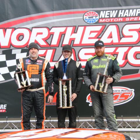 Patrick Laperle (left), Derek Gluchacki (center) and Tom Carey III (right) made up the podium for the 50-lap American-Canadian Tour Late Model Tour season-opening event during the 2nd annual Northeast Classic at New Hampshire Motor Speedway April 17.