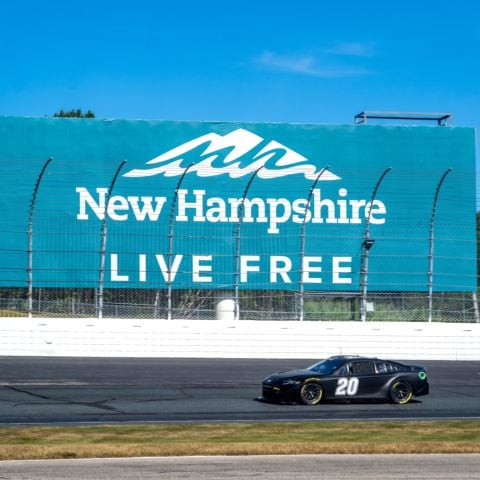 Defending New Hampshire Motor Speedway NASCAR Cup Series race winner, Christopher Bell, driver of the No. 20 Joe Gibbs Racing Toyota, drives through turn three during a Goodyear Tire Test at New Hampshire Motor Speedway on Tuesday.