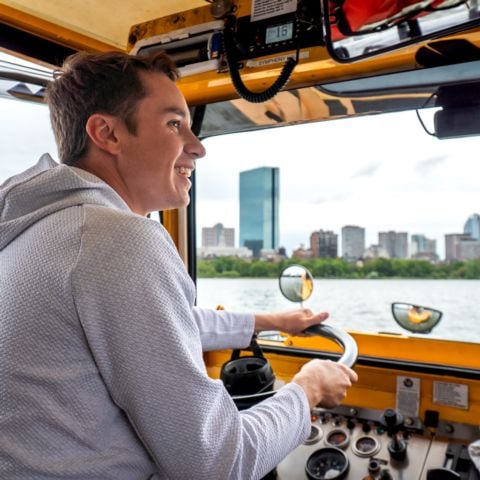 Two-time New Hampshire Motor Speedway NASCAR Cup Series race winner Christopher Bell, driver of the No. 20 Joe Gibbs Racing Toyota, drove a Duck Boat along the Charles River during a visit to Boston, Mass. Wednesday.