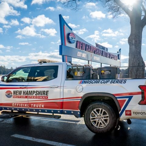 More than 500 pounds of food that was collected from Gift of Lights attendees throughout the holiday season are loaded into an official New Hampshire Motor Speedway Toyota Tundra to be donated to the Loudon Food Pantry.