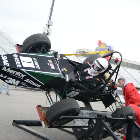 Dartmouth Formula Racing prepares for the tilt test during the 2019 Formula Hybrid competition at New Hampshire Motor Speedway.