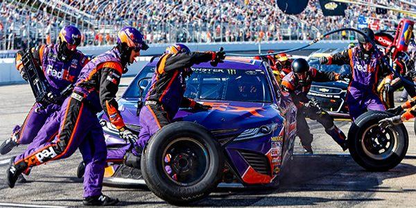 Denny Hamlin during a pit stop in July 2017's Overton's 301 at NHMS