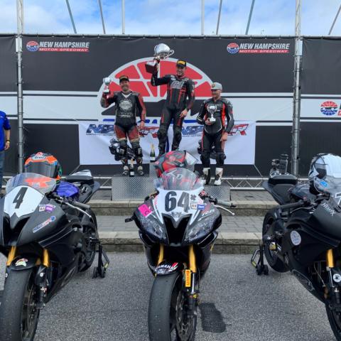 Shane Narbonne (center) earned his 10th Loudon Classic victory Saturday at the 99th Annual Loudon Classic at New Hampshire Motor Speedway. Scott Greenwood (left) took second, and Tyler Sweeney (right) finished third.