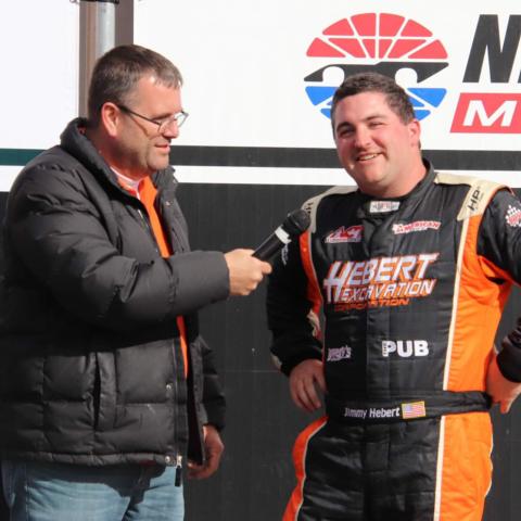 Williamstown, Vt.'s Jimmy Hebert is interviewed following his victory in the Northeast Classic for the ACT Late Model Tour.