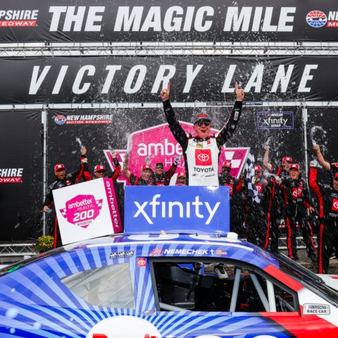 John Hunter Nemechek lands in victory lane after a green-white-checkered flag finish at the Ambetter Health 200 NASCAR Xfinity Series race at New Hampshire Motor Speedway on Saturday.