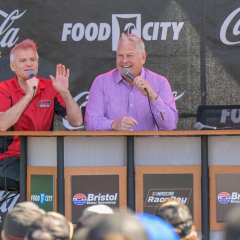 The Bristol Motor Speedway Race Day Revival had a huge crowd of fans who came out before the Food City Dirt Race to watch hosts Kenny Wallace (left) and John Roberts (right) on the Food City Fan Zone Stage.