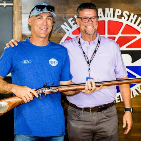 New Hampshire Motor Speedway (NHMS) Executive Vice President and General Manager David McGrath (right) presented a custom handmade musket to NASCAR Cup Series (NCS) driver and four-time NHMS winner Kevin Harvick who will retire from full-time NCS racing at season’s end.