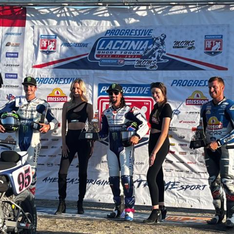 JD Beach (center) earned the Mission SuperTwins Presented by S&S Cycle victory in Saturday's Laconia Short Track Presented by MOMS at The Flat Track at New Hampshire Motor Speedway while Dallas Daniels (left) came in second and Jarod Vanderkooi (right) came in third.