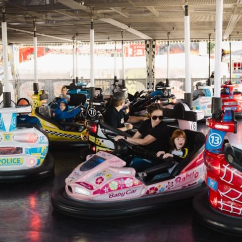 Race fans enjoying bumper cars in the Fan Zone at New Hampshire Motor Speedway on Sept. 21, 2025.