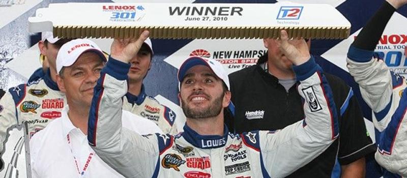 Seven-time NASCAR Cup Series champion and three-time New Hampshire Motor Speedway winner Jimmie Johnson celebrates his most recent Loudon win on June 27, 2010.