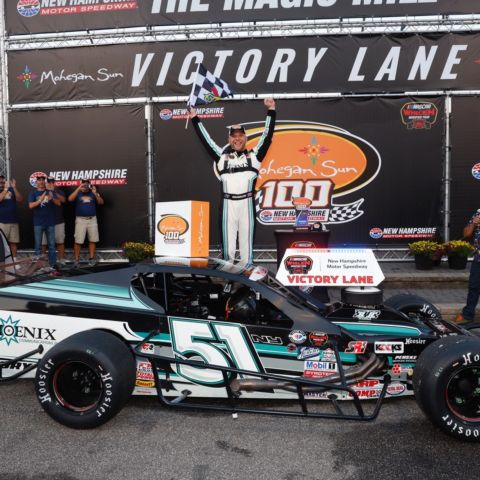 Justin Bonsignore landed in victory lane after a thrilling Mohegan Sun 100 NASCAR Whelen Modified Tour race at New Hampshire Motor Speedway Saturday.