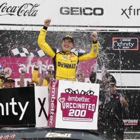 Christopher Bell celebrates in victory lane Saturday after earning his third NASCAR Xfinity Series win at New Hampshire Motor Speedway after his third NXS start at “The Magic Mile.”