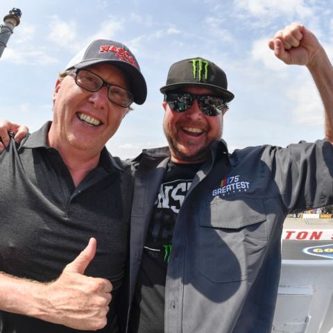 Two-time NASCAR Cup Series winner and Maine native Ricky Craven (left) and 2004 NASCAR Cup Series champion Kurt Busch (right) after waving the green flag at Darlington Raceway on May 14, 2023. Craven and Busch will headline “The Magic Mile” Happy Hour Show at The Groove at New Hampshire Motor Speedway on Sept. 20, 2025.