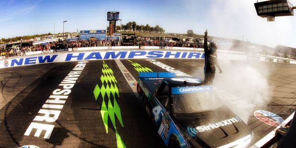 Christopher Bell celebrates his win in Saturday's UNOH 175 Camping World Truck Series Playoff race at New Hampshire Motor Speedway.