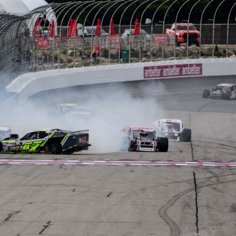 Saturday’s Whelen Manufactured in America 100 NASCAR Whelen Modified Tour race ended in calamity as Anthony Nocella (far right) slid through for his first victory.